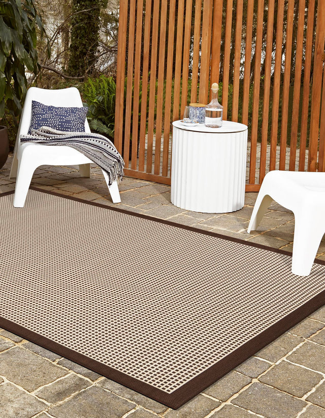 Brown 4' 1 x 6' 1 Outdoor Border Rectangle Area Rug Weather Resistant for Patio, Deck, Terrace, Balcony, Porch 100% Polypropylene Classic Bordered Carpet for Sale at Rug Engine