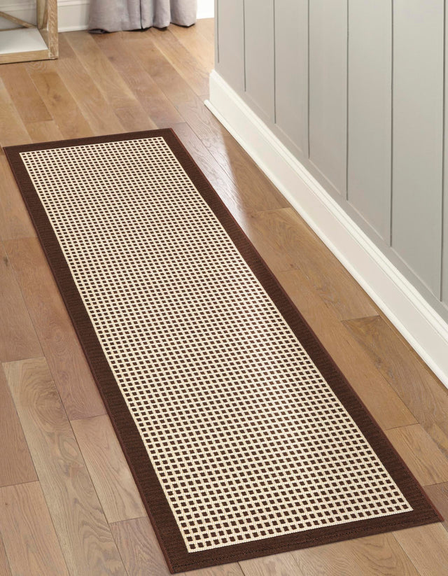 Brown 2' 7 x 12' Outdoor Border Runner Area Rug Weather Resistant for Patio, Deck, Terrace, Balcony, Porch 100% Polypropylene Classic Bordered Carpet for Sale at Rug Engine