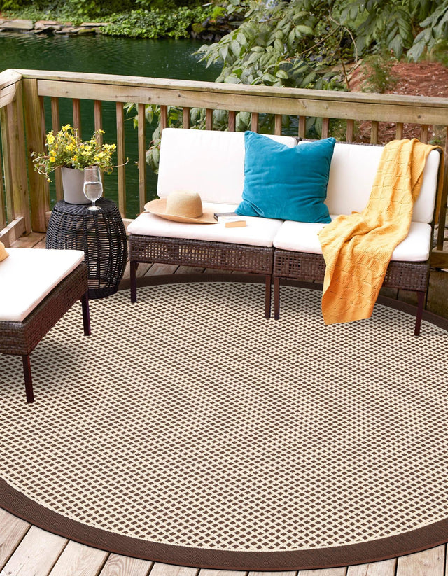 Brown 4' 1 x 4' 1 Outdoor Border Round Area Rug Weather Resistant for Patio, Deck, Terrace, Balcony, Porch 100% Polypropylene Classic Bordered Carpet for Sale at Rug Engine