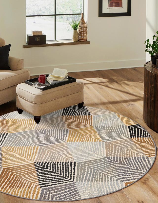 Gray 7' 10 x 7' 10 Outdoor Modern Round Area Rug Weather Resistant for Patio, Deck, Terrace, Balcony, Porch 100% Polypropylene Modern Outside Carpet for Sale at Rug Engine
