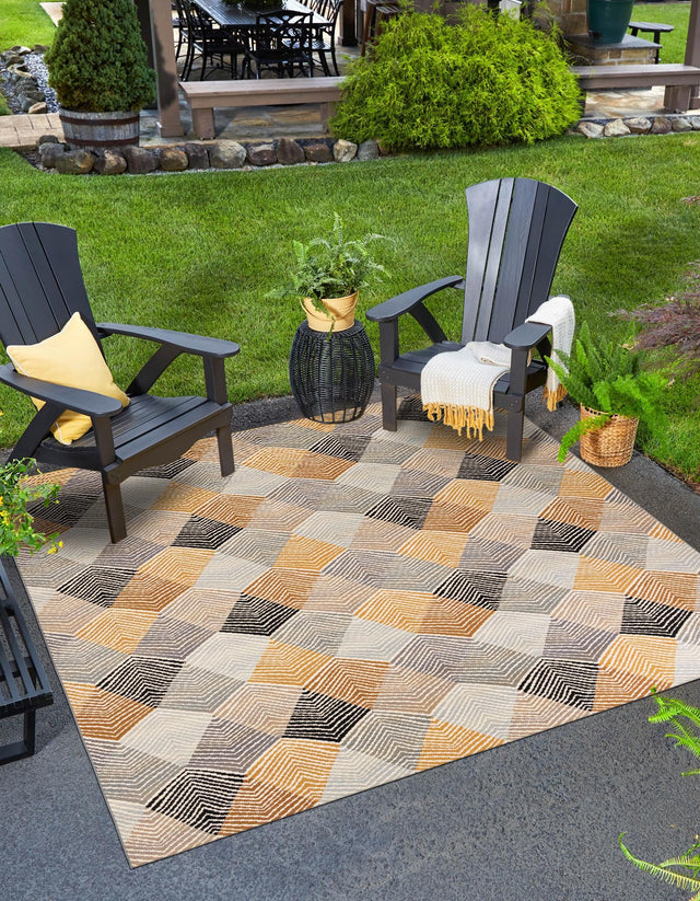 Gray 7' 10 x 7' 10 Outdoor Modern Square Area Rug Weather Resistant for Patio, Deck, Terrace, Balcony, Porch 100% Polypropylene Modern Outside Carpet for Sale at Rug Engine