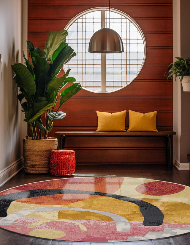 Multicolor 5' 1 x 5' 1 Outdoor Modern Round Area Rug Weather Resistant for Patio, Deck, Terrace, Balcony, Porch 100% Polypropylene Modern Outside Carpet for Sale at Rug Engine