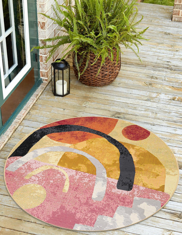 Multicolor 7' 10 x 7' 10 Outdoor Modern Round Area Rug Weather Resistant for Patio, Deck, Terrace, Balcony, Porch 100% Polypropylene Modern Outside Carpet for Sale at Rug Engine