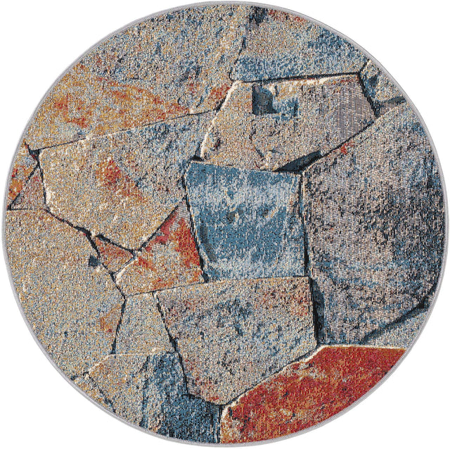 Multicolor 3' 1 x 3' 1 Outdoor Modern Round Area Rug Weather Resistant for Patio, Deck, Terrace, Balcony, Porch 100% Polypropylene Modern Outside Carpet for Sale at Rug Engine