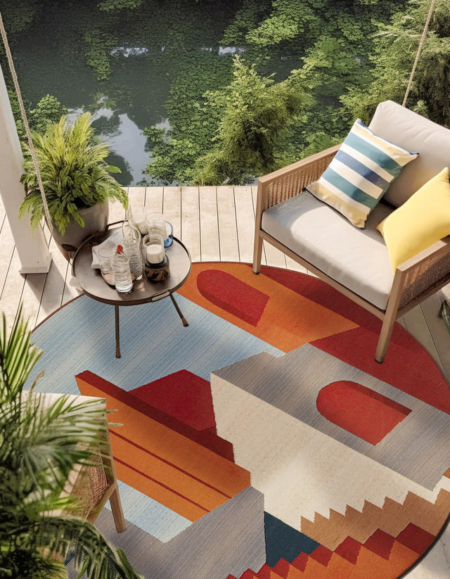 Multicolor 5' 1 x 5' 1 Outdoor Modern Round Area Rug Weather Resistant for Patio, Deck, Terrace, Balcony, Porch 100% Polypropylene Modern Outside Carpet for Sale at Rug Engine