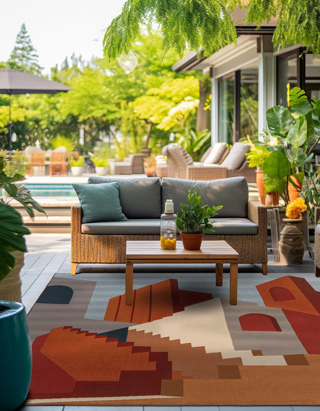 Multicolor 10' x 10' Outdoor Modern Square Area Rug Weather Resistant for Patio, Deck, Terrace, Balcony, Porch 100% Polypropylene Modern Outside Carpet for Sale at Rug Engine