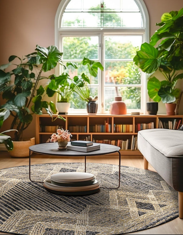 Charcoal 7' 10 x 7' 10 Outdoor Modern Round Area Rug Weather Resistant for Patio, Deck, Terrace, Balcony, Porch 100% Polypropylene Modern Outside Carpet for Sale at Rug Engine