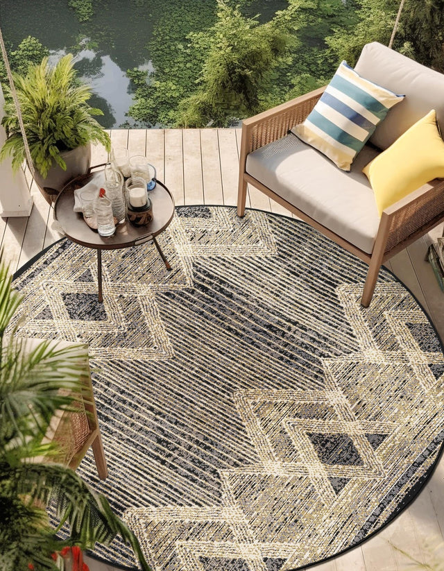 Charcoal 7' 10 x 7' 10 Outdoor Modern Round Area Rug Weather Resistant for Patio, Deck, Terrace, Balcony, Porch 100% Polypropylene Modern Outside Carpet for Sale at Rug Engine
