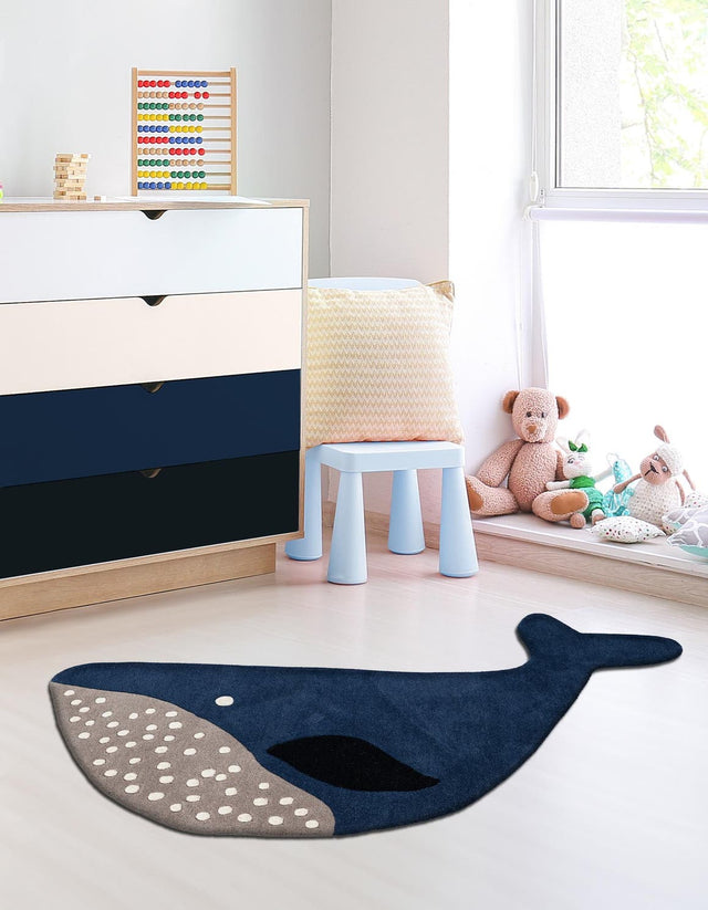 Navy Blue and Gray 4' 1 x 6' 1 Playtime Kids Wool Freeform Area Rug for Baby Nursery, Toddler Playroom, Bedrooms Hand Tufted High Quality Dense Wool Pile Natural Carpet for Sale at Rug Engine