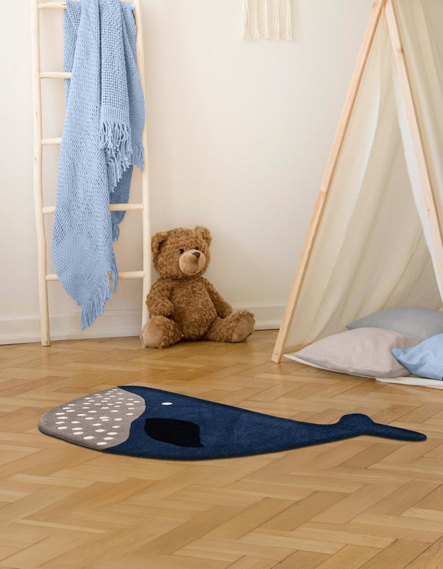 Navy Blue and Gray 5' 5 x 8' Playtime Kids Wool Freeform Area Rug for Baby Nursery, Toddler Playroom, Bedrooms Hand Tufted High Quality Dense Wool Pile Natural Carpet for Sale at Rug Engine