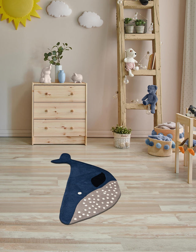 Navy Blue and Gray 4' 1 x 6' 1 Playtime Kids Wool Freeform Area Rug for Baby Nursery, Toddler Playroom, Bedrooms Hand Tufted High Quality Dense Wool Pile Natural Carpet for Sale at Rug Engine