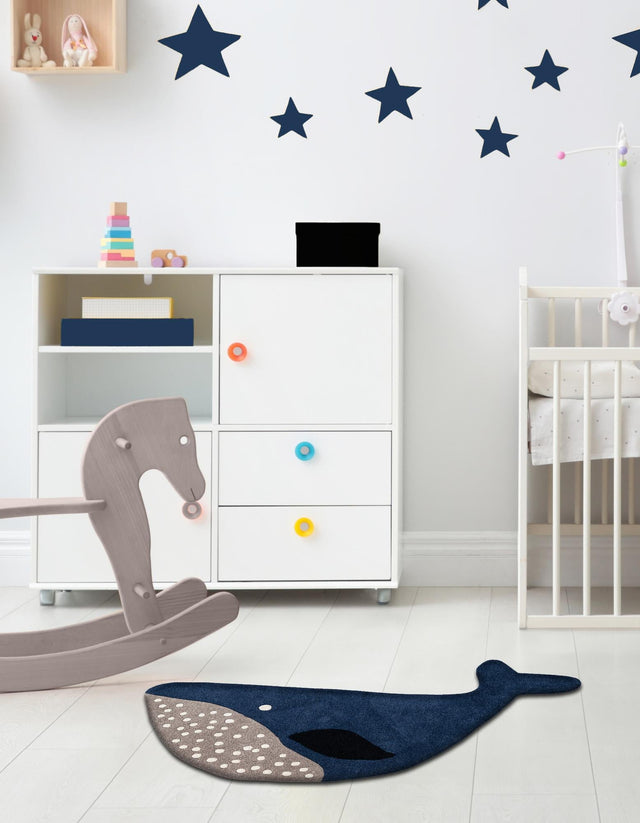 Navy Blue and Gray 3' 1 x 5' 1 Playtime Kids Wool Freeform Area Rug for Baby Nursery, Toddler Playroom, Bedrooms