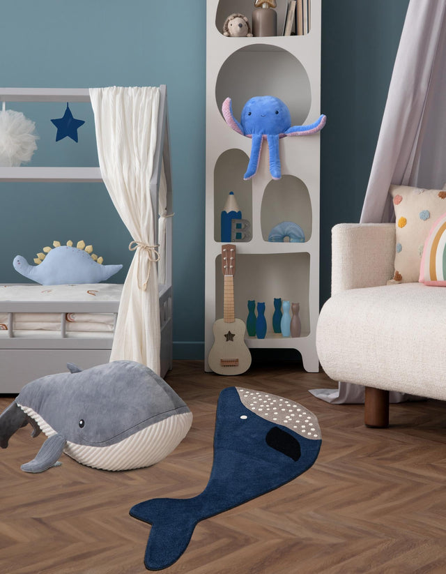 Navy Blue and Gray 5' 5 x 8' Playtime Kids Wool Freeform Area Rug for Baby Nursery, Toddler Playroom, Bedrooms Hand Tufted High Quality Dense Wool Pile Natural Carpet for Sale at Rug Engine