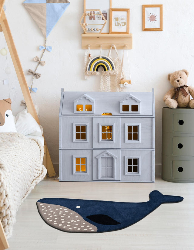 Navy Blue and Gray 4' 1 x 6' 1 Playtime Kids Wool Freeform Area Rug for Baby Nursery, Toddler Playroom, Bedrooms Hand Tufted High Quality Dense Wool Pile Natural Carpet for Sale at Rug Engine