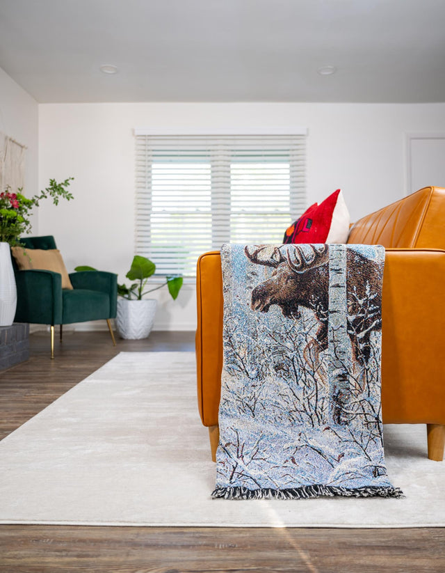 Seasonal Festive White Brown 4' 6 x 6' Throw Blanket Rectangle Area Rug 100% Cotton Washable Cozy Soft Warm Room Decor Accent Made In USA