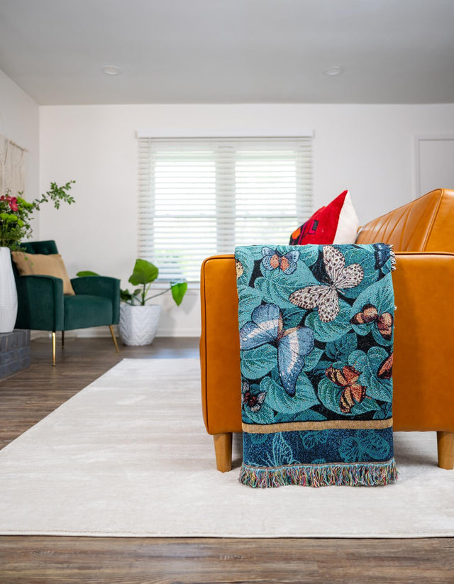 Blue 4' 6 x 6' Throw Blanket Rectangle Area Rug 100% Cotton Washable Cozy Soft Warm Room Decor Accent Made In USA