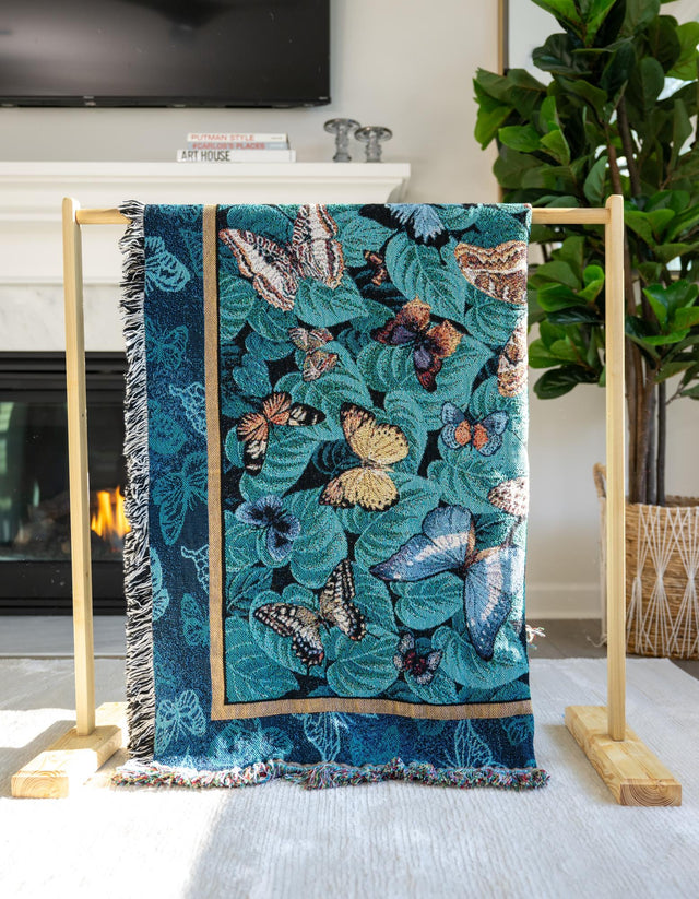 Blue 4' 6 x 6' Throw Blanket Rectangle Area Rug 100% Cotton Washable Cozy Soft Warm Room Decor Accent Made In USA