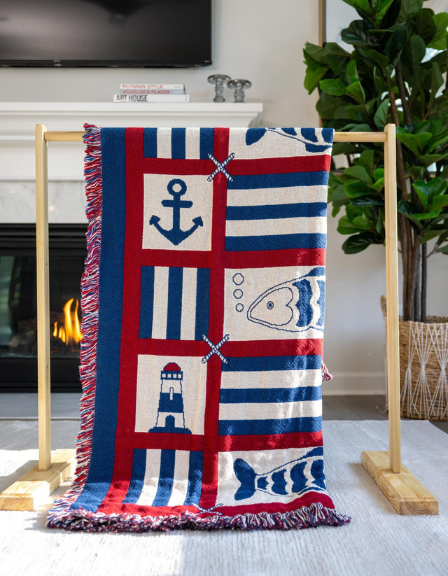 Red and Blue 4' 1 x 5' 9 Throw Blanket Rectangle Area Rug 100% Cotton Washable Cozy Soft Warm Room Decor Accent Made In USA