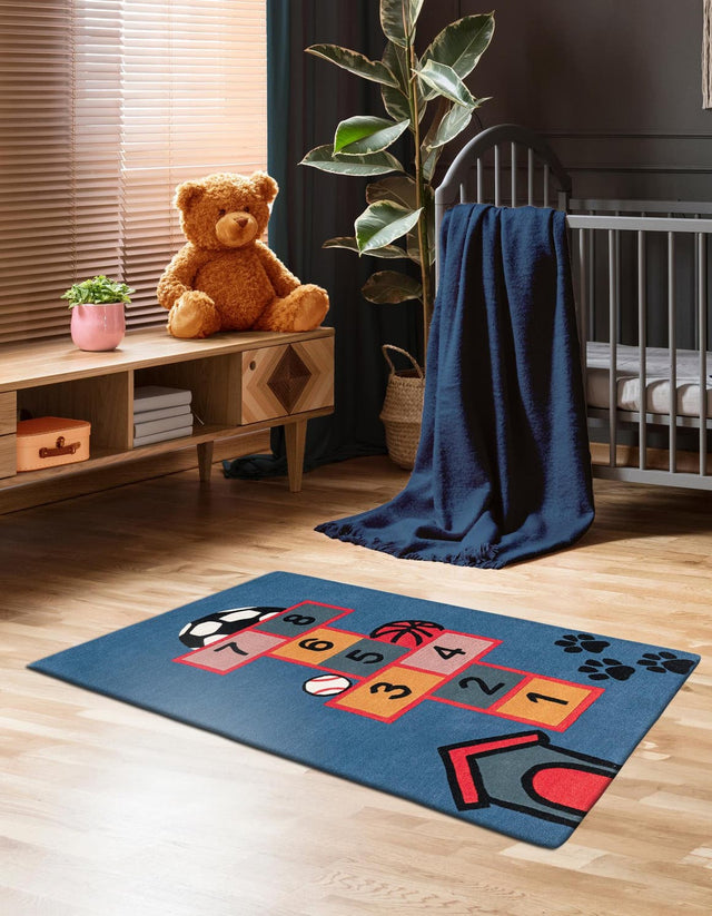 Blue and Orange 4' 1 x 6' 1 Playtime Kids Wool Freeform Area Rug for Baby Nursery, Toddler Playroom, Bedrooms Hand Tufted High Quality Dense Wool Pile Natural Carpet for Sale at Rug Engine
