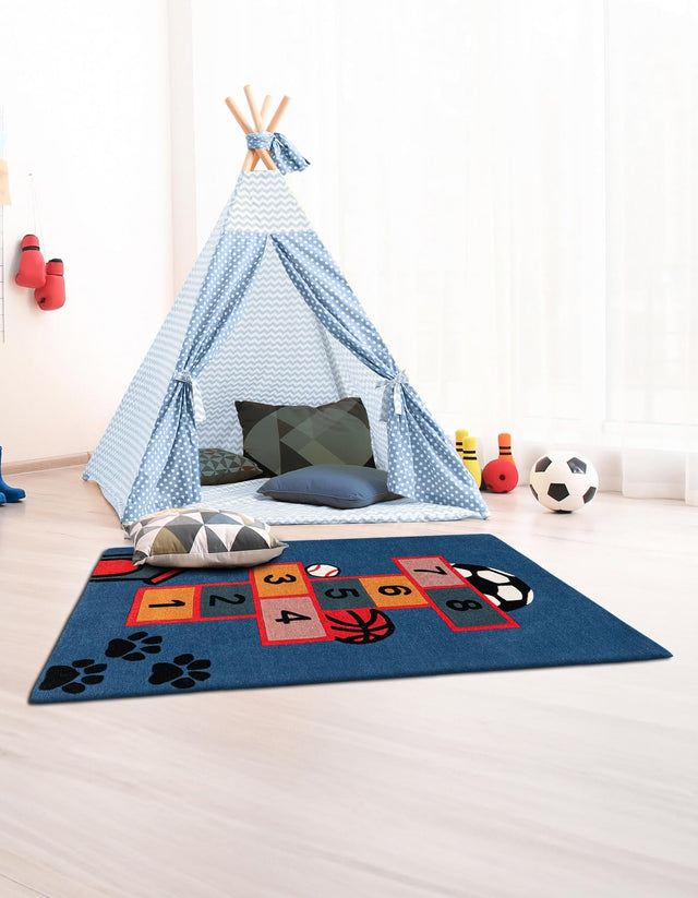 Blue and Orange 4' 1 x 6' 1 Playtime Kids Wool Freeform Area Rug for Baby Nursery, Toddler Playroom, Bedrooms Hand Tufted High Quality Dense Wool Pile Natural Carpet for Sale at Rug Engine