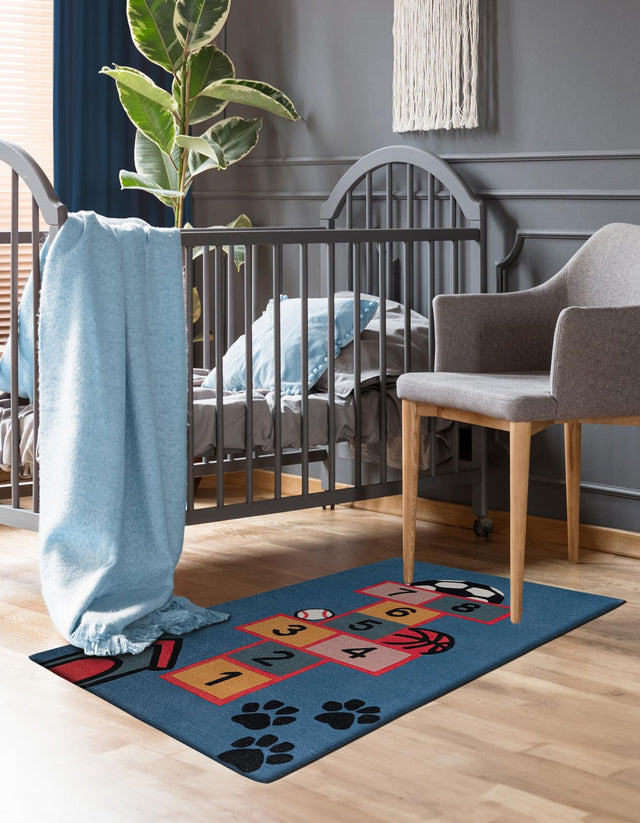 Blue and Orange 3' 1 x 5' 1 Playtime Kids Wool Freeform Area Rug for Baby Nursery, Toddler Playroom, Bedrooms Hand Tufted High Quality Dense Wool Pile Natural Carpet for Sale at Rug Engine
