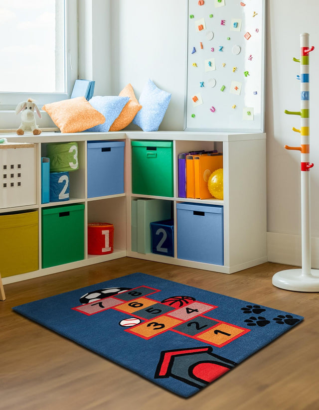 Blue and Orange 5' 1 x 8' Playtime Kids Wool Freeform Area Rug for Baby Nursery, Toddler Playroom, Bedrooms Hand Tufted High Quality Dense Wool Pile Natural Carpet for Sale at Rug Engine