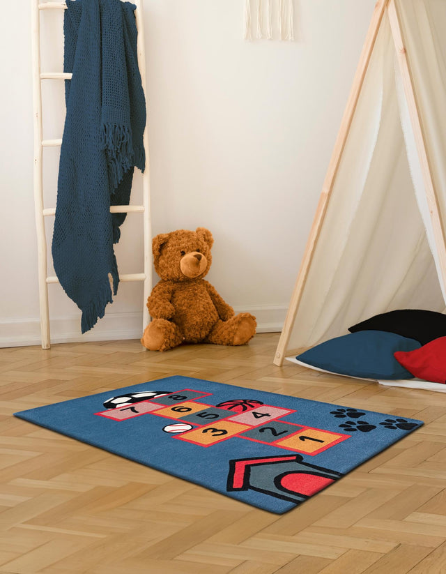 Blue and Orange 4' 1 x 6' 1 Playtime Kids Wool Freeform Area Rug for Baby Nursery, Toddler Playroom, Bedrooms Hand Tufted High Quality Dense Wool Pile Natural Carpet for Sale at Rug Engine