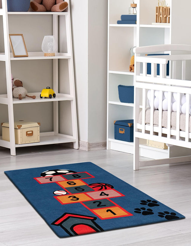 Blue and Orange 3' 1 x 5' 1 Playtime Kids Wool Freeform Area Rug for Baby Nursery, Toddler Playroom, Bedrooms Hand Tufted High Quality Dense Wool Pile Natural Carpet for Sale at Rug Engine