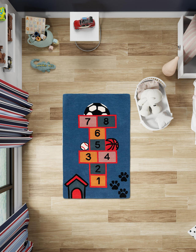 Blue and Orange 5' 1 x 8' Playtime Kids Wool Freeform Area Rug for Baby Nursery, Toddler Playroom, Bedrooms Hand Tufted High Quality Dense Wool Pile Natural Carpet for Sale at Rug Engine
