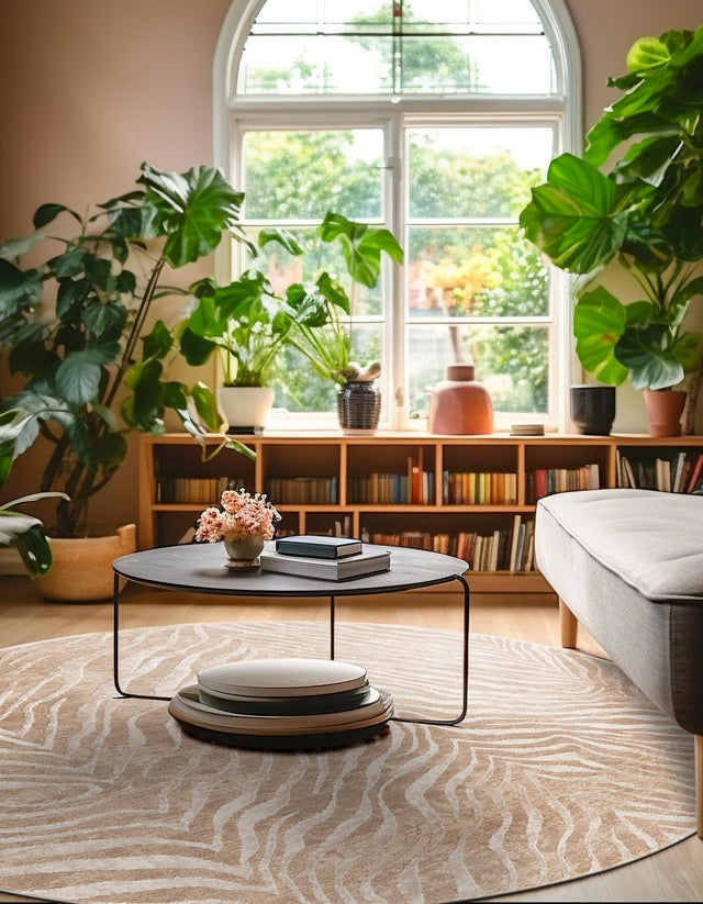 Ivory Beige 7' 10 x 7' 10 Finsbury Round Area Rug 60% Polypropylene & 40% Polyester Contemporary Carpet for Living Rooms, Dining, Offices for Sale at Rug Engine