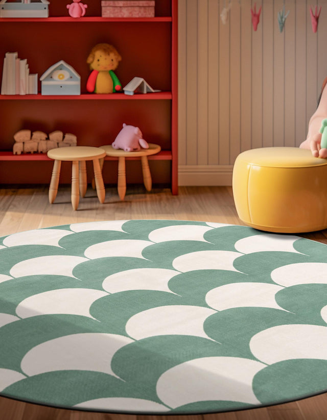 Soft Green 5' 3 x 5' 3 Whimsy Kids Round Area Rug for Baby Nursery, Toddler Playroom, Bedrooms Playful Fun Design Easy Clean Carpet for Sale at Rug Engine