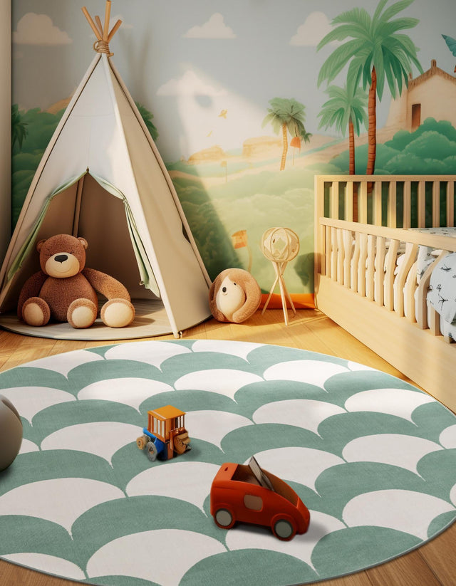 Soft Green 3' 1 x 3' 1 Whimsy Kids Round Area Rug for Baby Nursery, Toddler Playroom, Bedrooms Playful Fun Design Easy Clean Carpet for Sale at Rug Engine