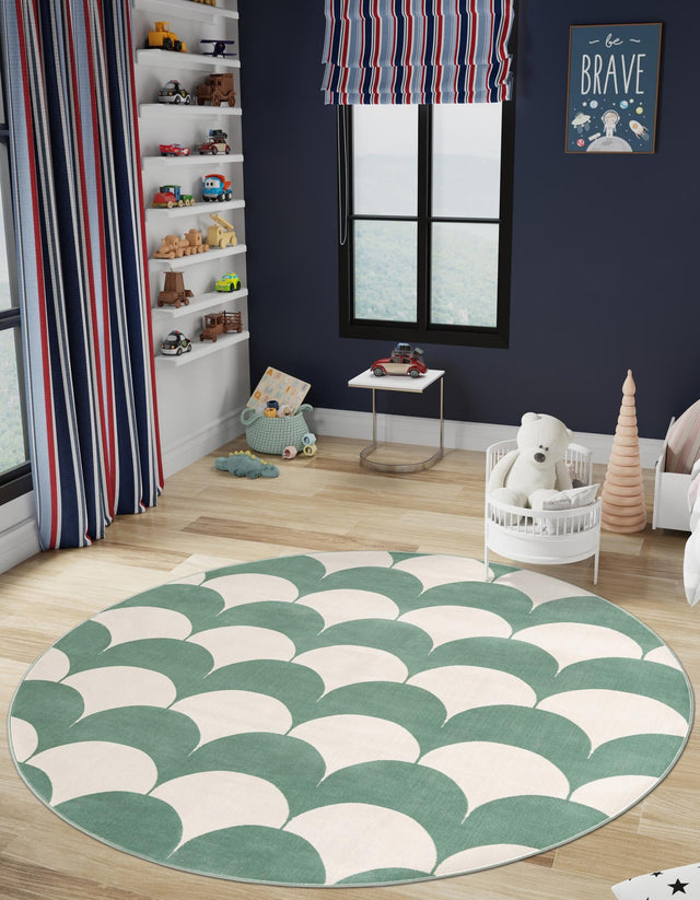 Soft Green 5' 3 x 5' 3 Whimsy Kids Round Area Rug for Baby Nursery, Toddler Playroom, Bedrooms Playful Fun Design Easy Clean Carpet for Sale at Rug Engine