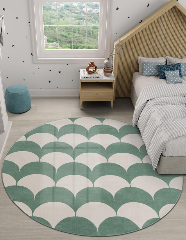 Soft Green 4' 1 x 4' 1 Whimsy Kids Round Area Rug for Baby Nursery, Toddler Playroom, Bedrooms Playful Fun Design Easy Clean Carpet for Sale at Rug Engine