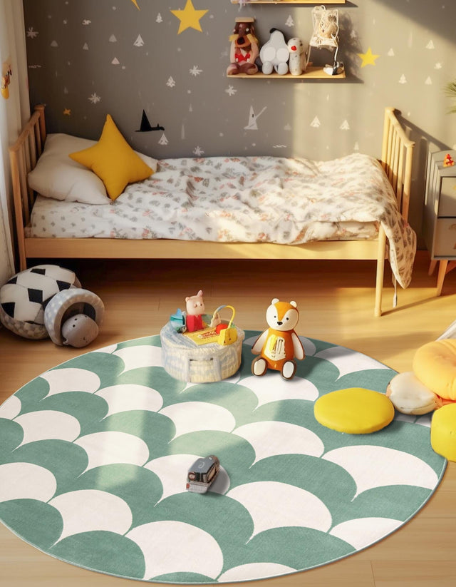 Soft Green 5' 3 x 5' 3 Whimsy Kids Round Area Rug for Baby Nursery, Toddler Playroom, Bedrooms Playful Fun Design Easy Clean Carpet for Sale at Rug Engine