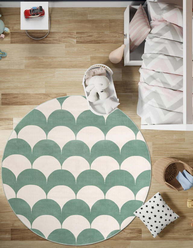 Soft Green 3' 1 x 3' 1 Whimsy Kids Round Area Rug for Baby Nursery, Toddler Playroom, Bedrooms Playful Fun Design Easy Clean Carpet for Sale at Rug Engine