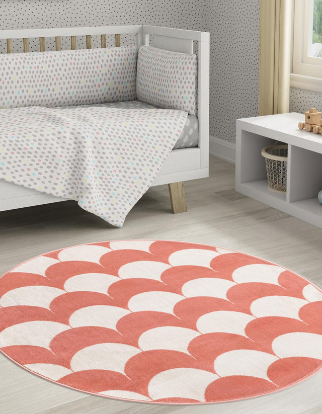 Soft Coral Pink 5' 3 x 5' 3 Whimsy Kids Round Area Rug for Baby Nursery, Toddler Playroom, Bedrooms Playful Fun Design Easy Clean Carpet for Sale at Rug Engine