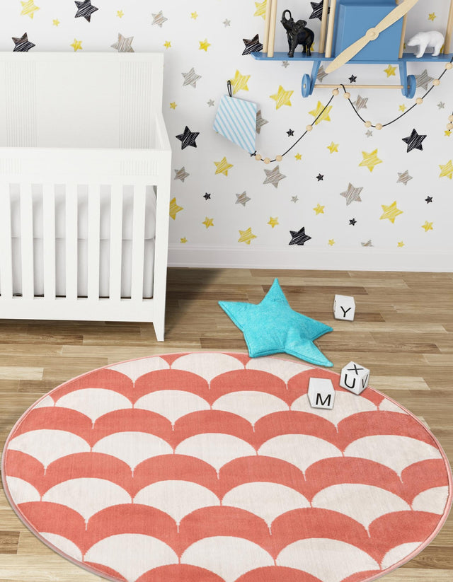 Soft Coral Pink 5' 3 x 5' 3 Whimsy Kids Round Area Rug for Baby Nursery, Toddler Playroom, Bedrooms Playful Fun Design Easy Clean Carpet for Sale at Rug Engine