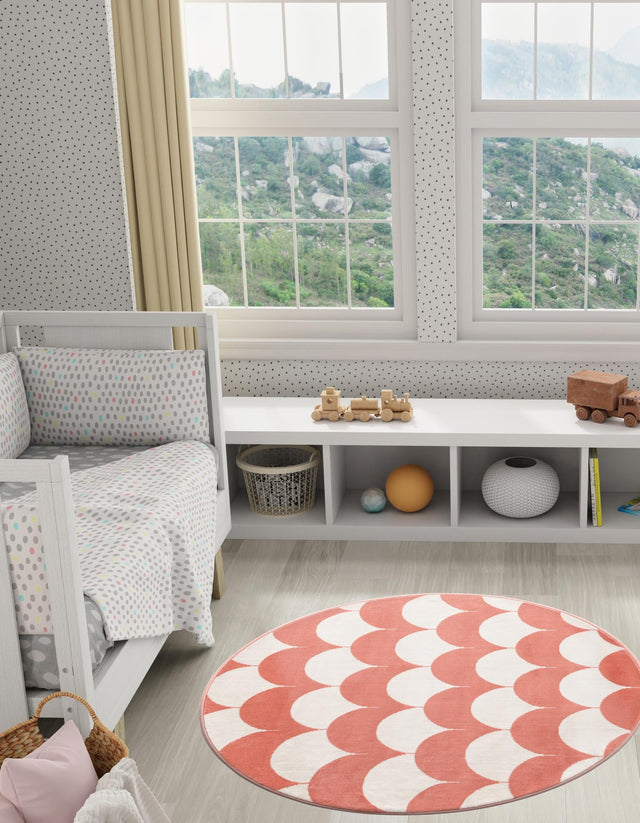 Soft Coral Pink 4' 1 x 4' 1 Whimsy Kids Round Area Rug for Baby Nursery, Toddler Playroom, Bedrooms