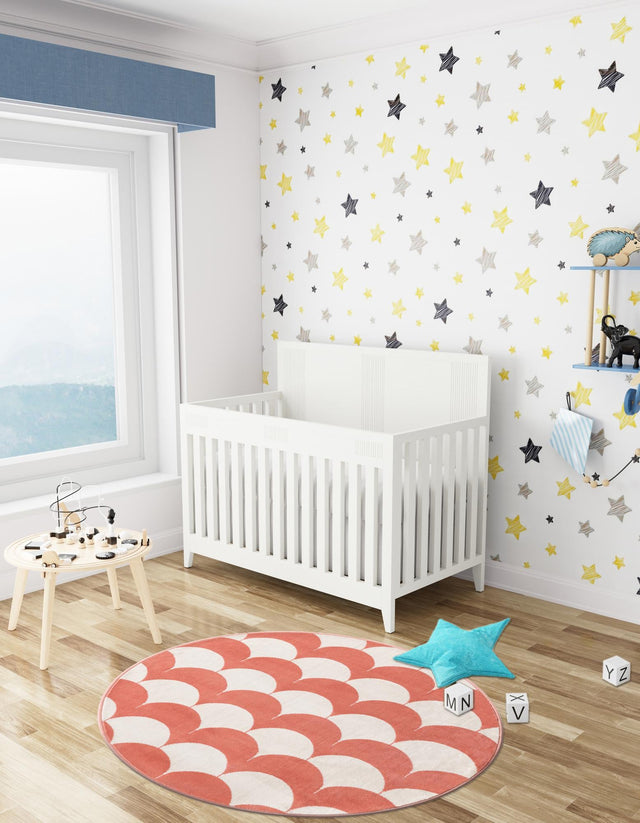 Soft Coral Pink 7' 10 x 7' 10 Whimsy Kids Round Area Rug for Baby Nursery, Toddler Playroom, Bedrooms