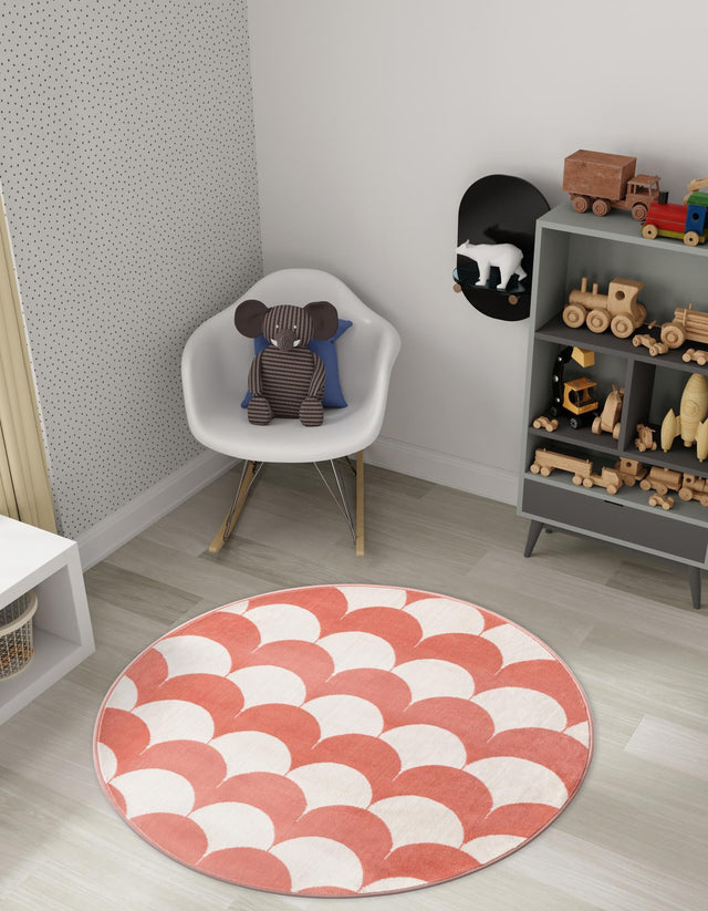 Soft Coral Pink 3' 1 x 3' 1 Whimsy Kids Round Area Rug for Baby Nursery, Toddler Playroom, Bedrooms Playful Fun Design Easy Clean Carpet for Sale at Rug Engine