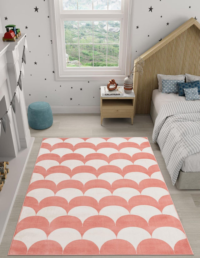 Soft Coral Pink 5' 1 x 7' 1 Whimsy Kids Rectangle Area Rug for Baby Nursery, Toddler Playroom, Bedrooms