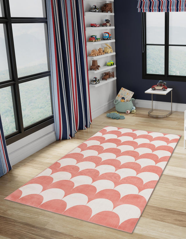 Soft Coral Pink 5' 1 x 7' 1 Whimsy Kids Rectangle Area Rug for Baby Nursery, Toddler Playroom, Bedrooms