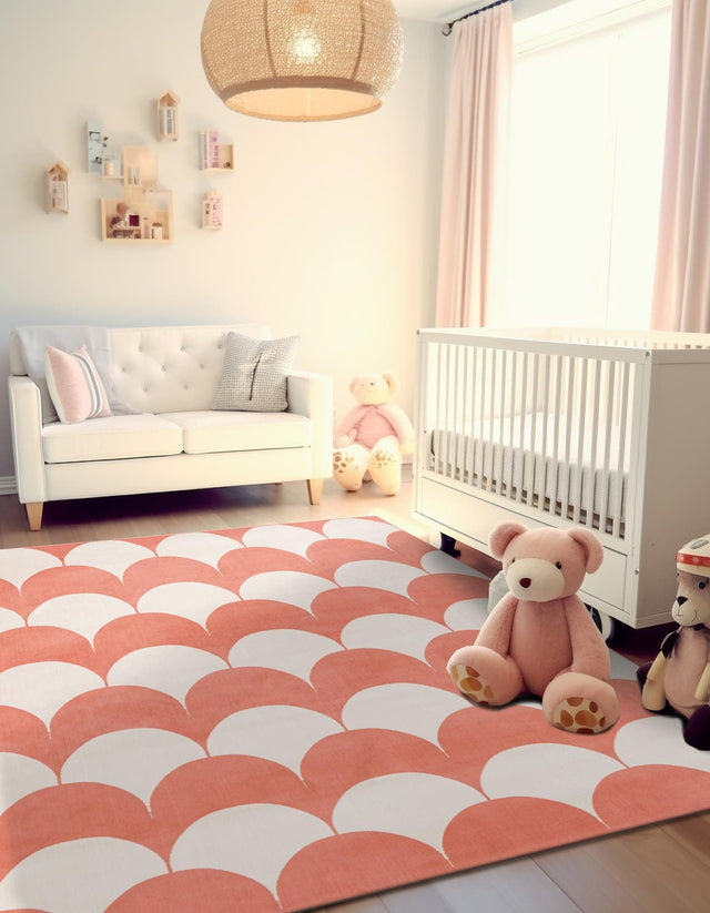 Soft Coral Pink 7' 10 x 7' 10 Whimsy Kids Square Area Rug for Baby Nursery, Toddler Playroom, Bedrooms