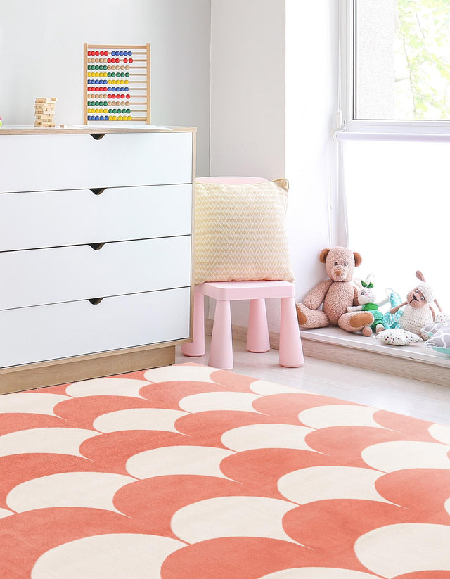 Soft Coral Pink 7' 10 x 7' 10 Whimsy Kids Square Area Rug for Baby Nursery, Toddler Playroom, Bedrooms