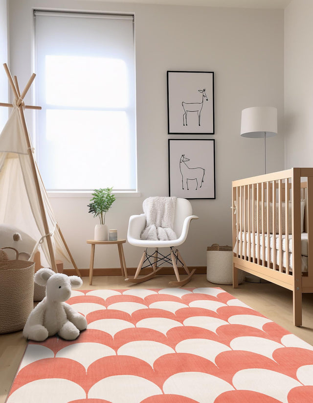 Soft Coral Pink 7' 10 x 7' 10 Whimsy Kids Square Area Rug for Baby Nursery, Toddler Playroom, Bedrooms