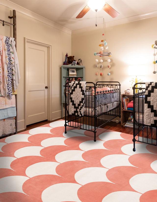 Soft Coral Pink 7' 10 x 7' 10 Whimsy Kids Square Area Rug for Baby Nursery, Toddler Playroom, Bedrooms