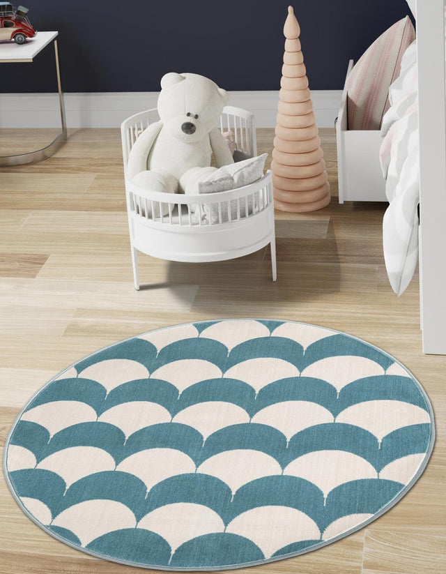 Sky blue 4' 1 x 4' 1 Whimsy Kids Round Area Rug for Baby Nursery, Toddler Playroom, Bedrooms