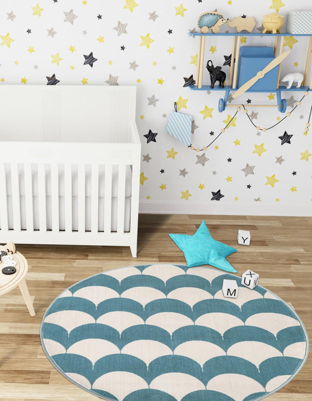 Sky blue 7' 10 x 7' 10 Whimsy Kids Round Area Rug for Baby Nursery, Toddler Playroom, Bedrooms Playful Fun Design Easy Clean Carpet for Sale at Rug Engine