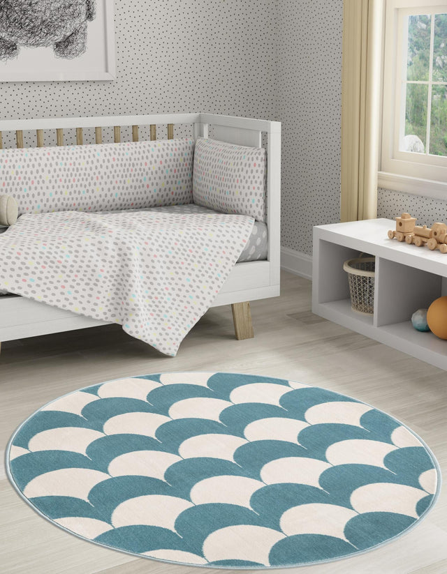 Sky blue 7' 10 x 7' 10 Whimsy Kids Round Area Rug for Baby Nursery, Toddler Playroom, Bedrooms Playful Fun Design Easy Clean Carpet for Sale at Rug Engine